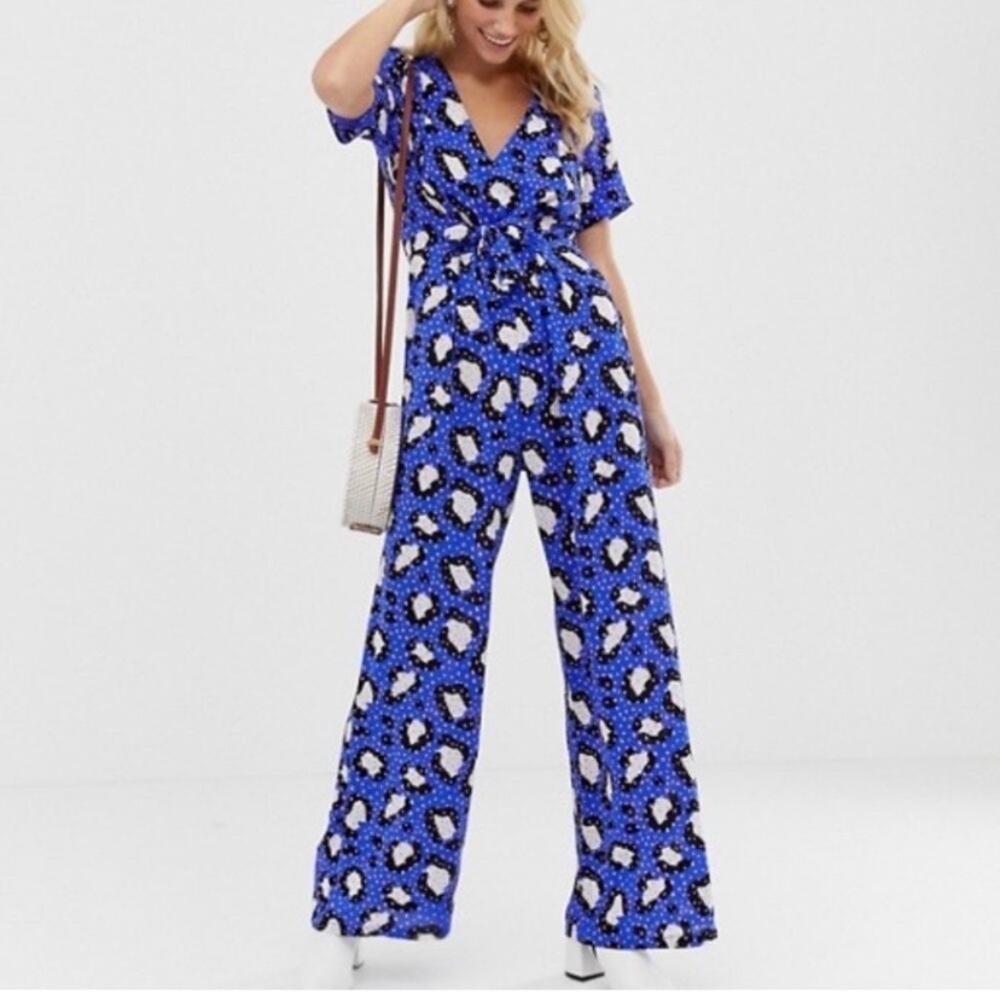 ASOS Electric Blue Pink Polka Dot Wide Leg Leopard Jumpsuit